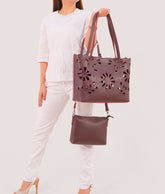 Burgundy two-piece floral tote